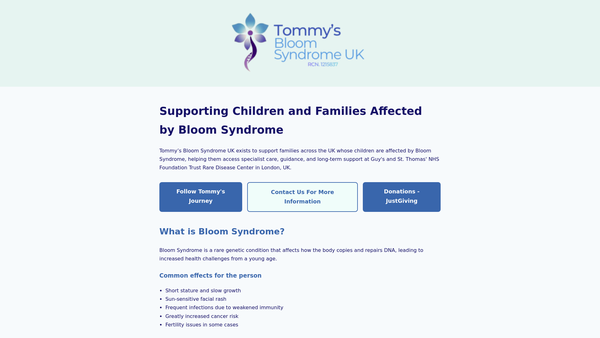 Screenshot of the Tommy's Bloom Syndrome UK website
