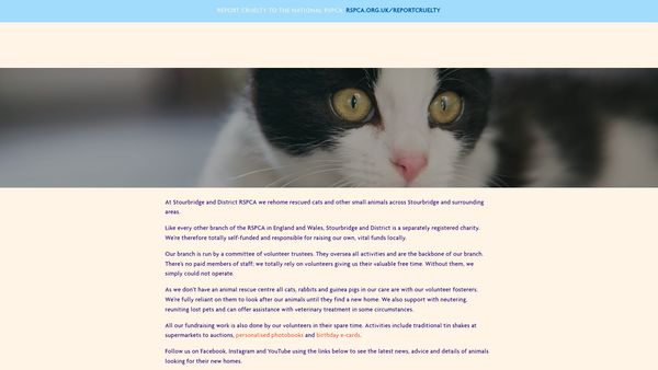 Screenshot of the Royal Society For The Prevention Of Cruelty To Animals Stourbridge And District Branch CIO website