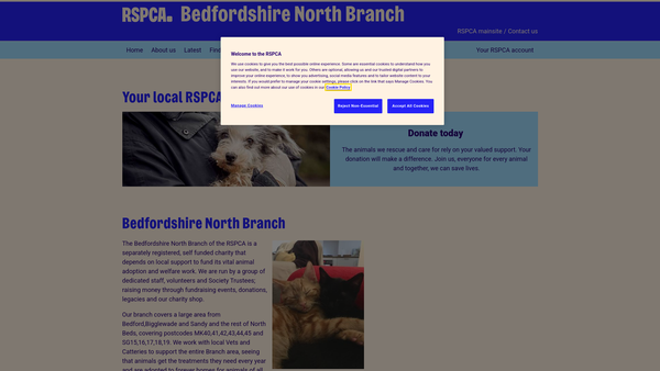 Screenshot of the Royal Society For The Prevention Of Cruelty To Animals Bedfordshire North Branch CIO website