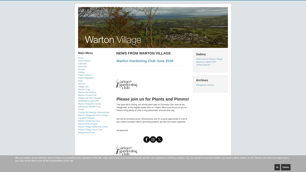 Screenshot of the Warton Village Hall website