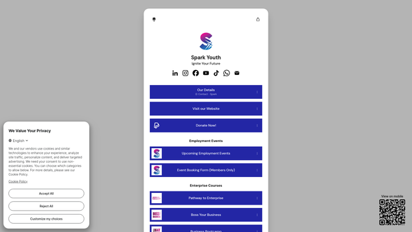 Screenshot of the Spark Youth website