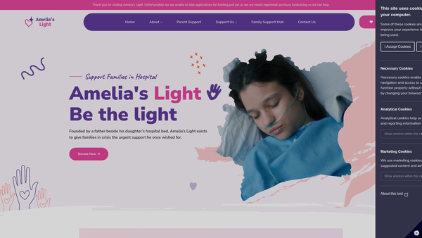 Screenshot of the Amelia's Light website