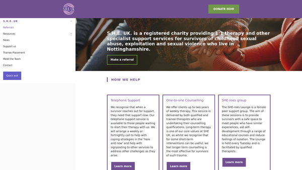 Screenshot of the S.h.e. UK (Supporting, Healing, Educating) website