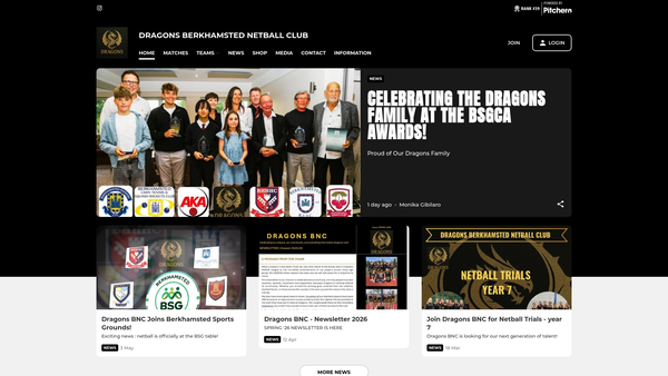 Screenshot of the Dragons Berkhamsted Netball Club Limited website