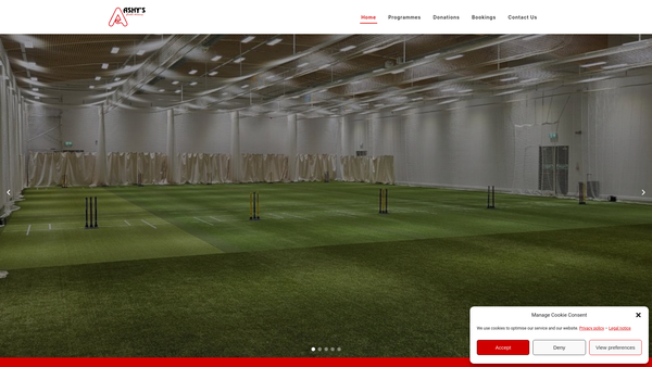 Screenshot of the Ashy's Cricket Academy website