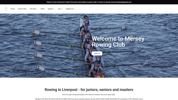 Screenshot of the Mersey Rowing Club website