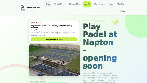 Screenshot of the Napton Padel Club website