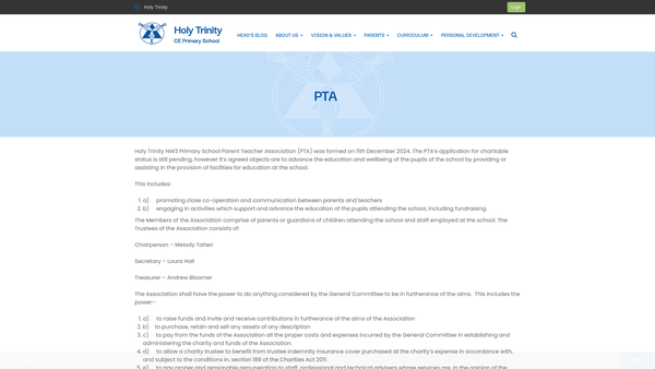 Screenshot of the Holy Trinity Nw3 Primary School Parent Teacher Association website