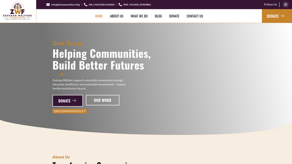 Screenshot of the Zeshaan Welfare Foundation CIO website
