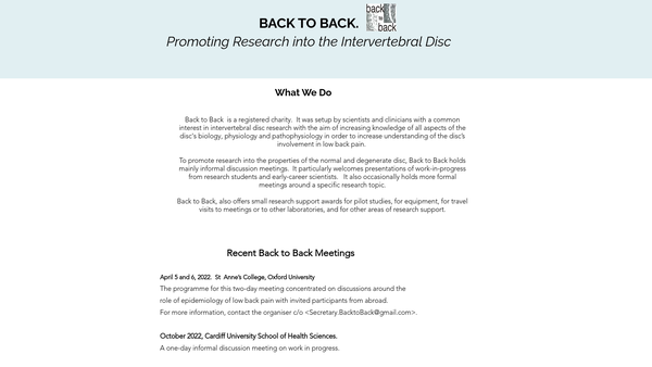 Screenshot of the Back To Back (Intervertebral Disc Biology And Disease Study Group) website