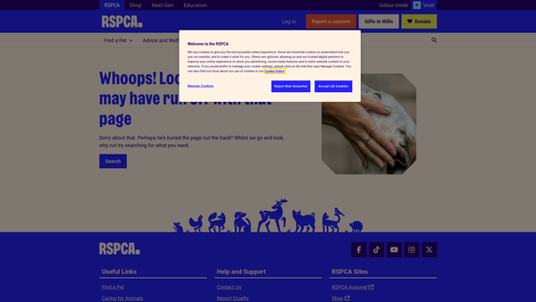 Screenshot of the Royal Society For The Prevention Of Cruelty To Animals Essex South West Branch CIO website