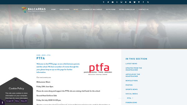 Screenshot of the Balcarras School Parents Teachers And Friends Association website