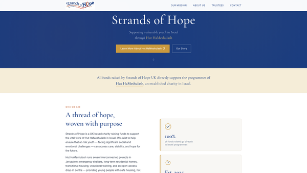 Screenshot of the Strands Of Hope - UK Friends Of Hut Hameshulash website