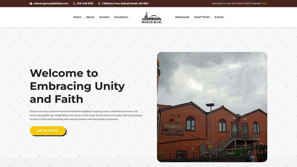 Screenshot of the Masjid Bilal Muddrasa Thalim Ul Quran And Community Centre website