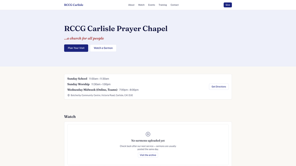Screenshot of the The Redeemed Christian Church Of God (Rccg) Carlisle Prayer Chapel website