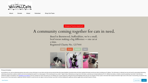 Screenshot of the Voices4cats website