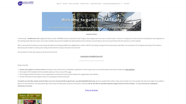 Screenshot of the Guildford Arts CIO website