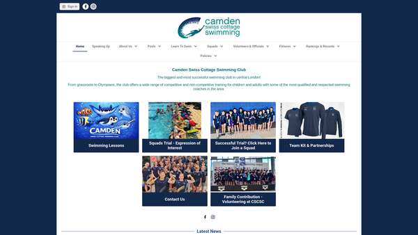 Screenshot of the Camden Swiss Cottage Swimming Club website
