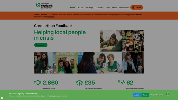 Screenshot of the Carmarthen Foodbank And Money Advice website
