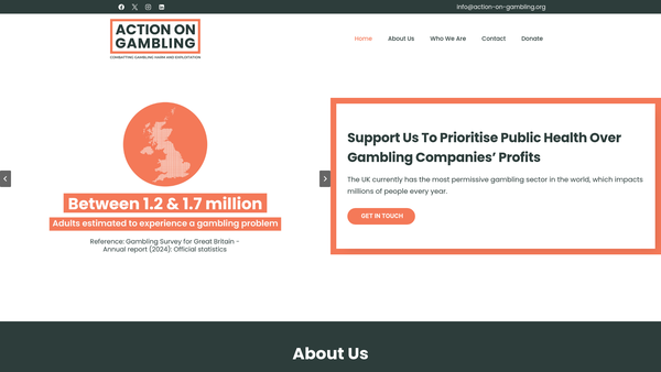 Screenshot of the Action On Gambling website