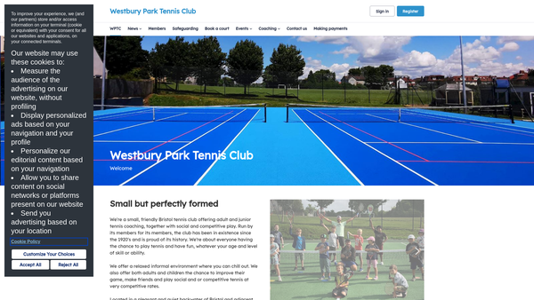 Screenshot of the Westbury Park Tennis Club website