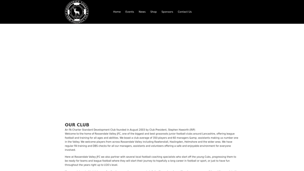 Screenshot of the Rossendale Valley Junior Football Club website