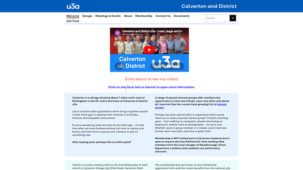 Screenshot of the Calverton & District University Of The Third Age (U3A) website