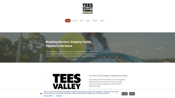 Screenshot of the Tees Valley Tennis Foundation website