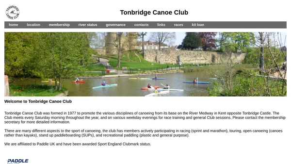 Screenshot of the Tonbridge Canoe Club website