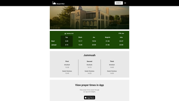 Screenshot of the Masjid Bilal Prestwich Ltd website