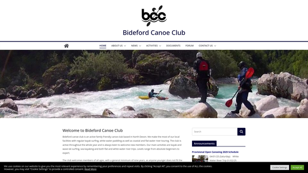 Screenshot of the Bideford Canoe Club website