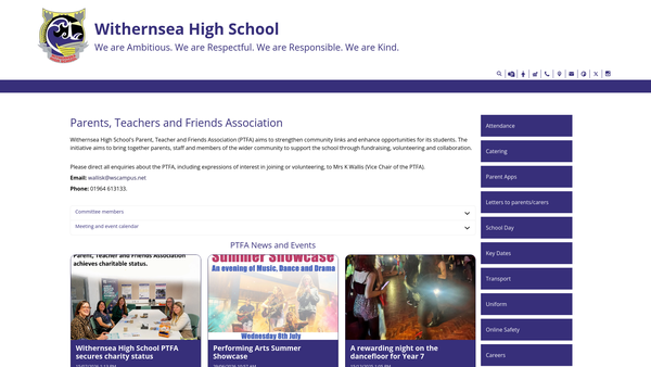 Screenshot of the Withernsea High School PTFA website