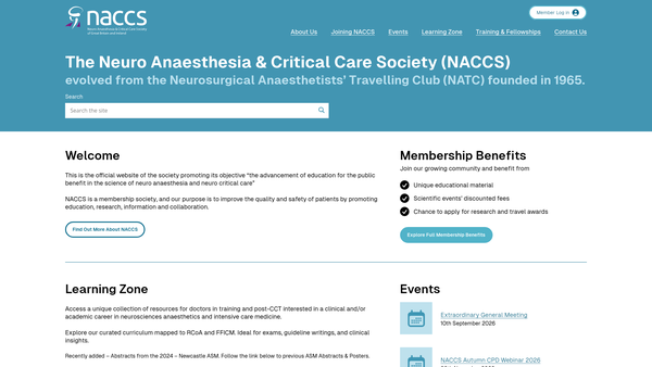 Screenshot of the The Neuroanaesthesia & Critical Care Society website