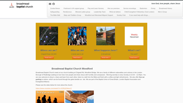 Screenshot of the Broadmead Baptist Church (Woodford Green) website