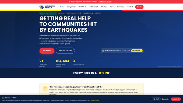 Screenshot of the Venezuelan Relief UK website