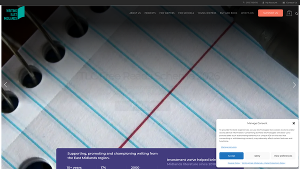 Screenshot of the Writing East Midlands CIO website