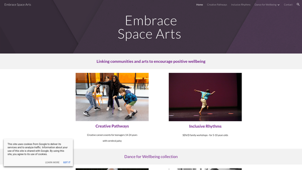 Screenshot of the Embrace Space Arts website