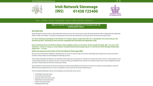Screenshot of the Irish Network Stevenage website