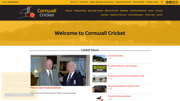 Screenshot of the Cornwall Cricket Board Limited website