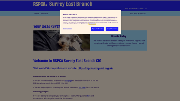 Screenshot of the Royal Society For The Prevention Of Cruelty To Animals Surrey East Branch website