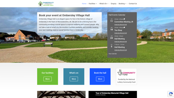 Screenshot of the Memorial Hall Ombersley website