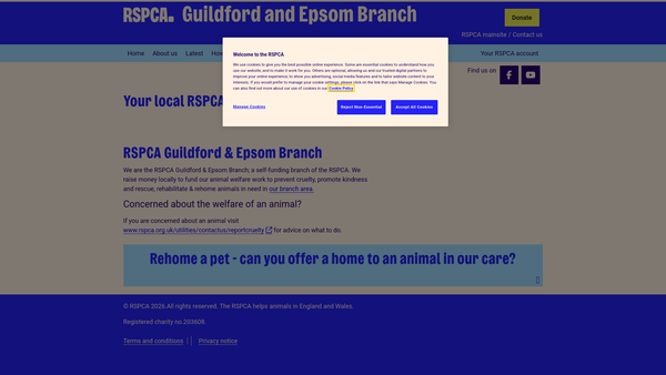 Screenshot of the Royal Society For The Prevention Of Cruelty To Animals Guildford And Epsom Branch website