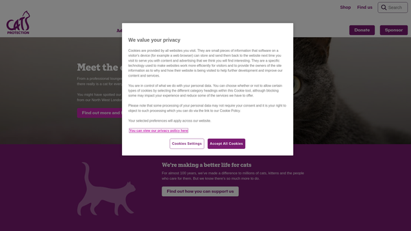 Screenshot of the Cats Protection website