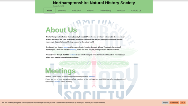 Screenshot of the Northamptonshire Natural History Society And Field Club website