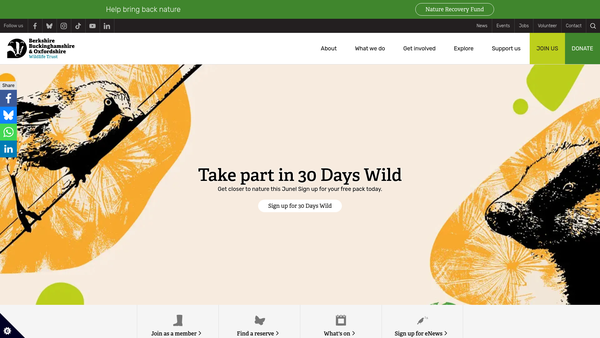 Screenshot of the Berkshire, Buckinghamshire And Oxfordshire Wildlife Trust website