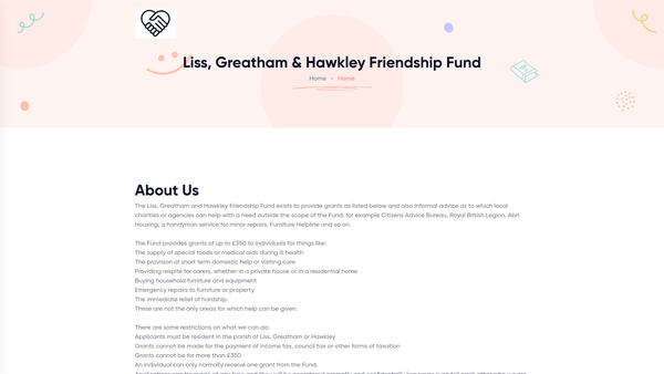 Screenshot of the Liss, Greatham And Hawkley Friendship Fund website