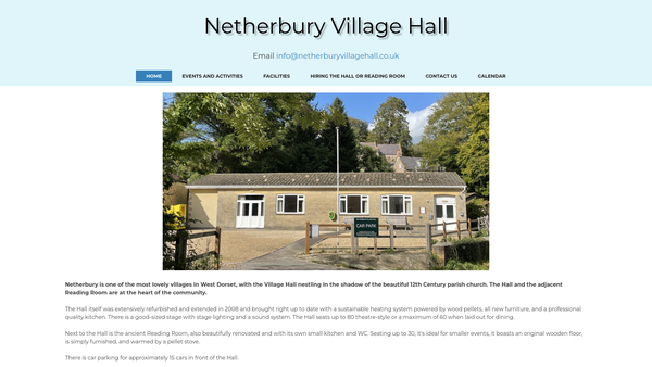 Screenshot of the Netherbury Village Hall website