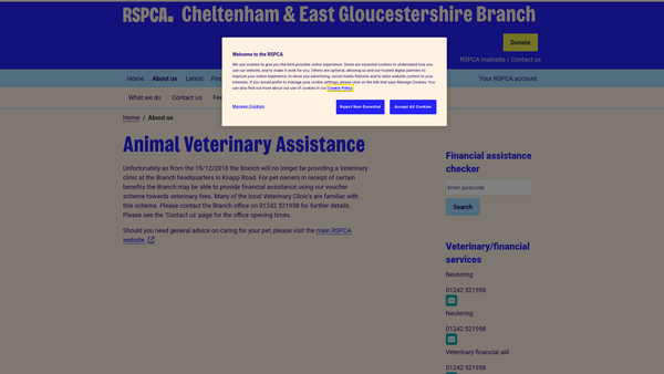 Screenshot of the Royal Society For The Prevention Of Cruelty To Animals Cheltenham And East Gloucestershire Branch website