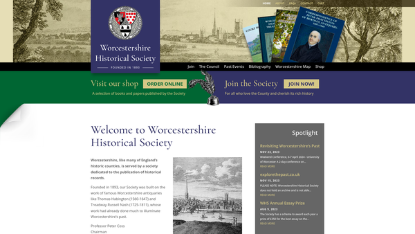 Screenshot of the Worcestershire Historical Society website