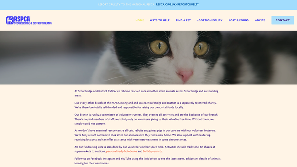 Screenshot of the Royal Society For The Prevention Of Cruelty To Animals Stourbridge And District Branch website